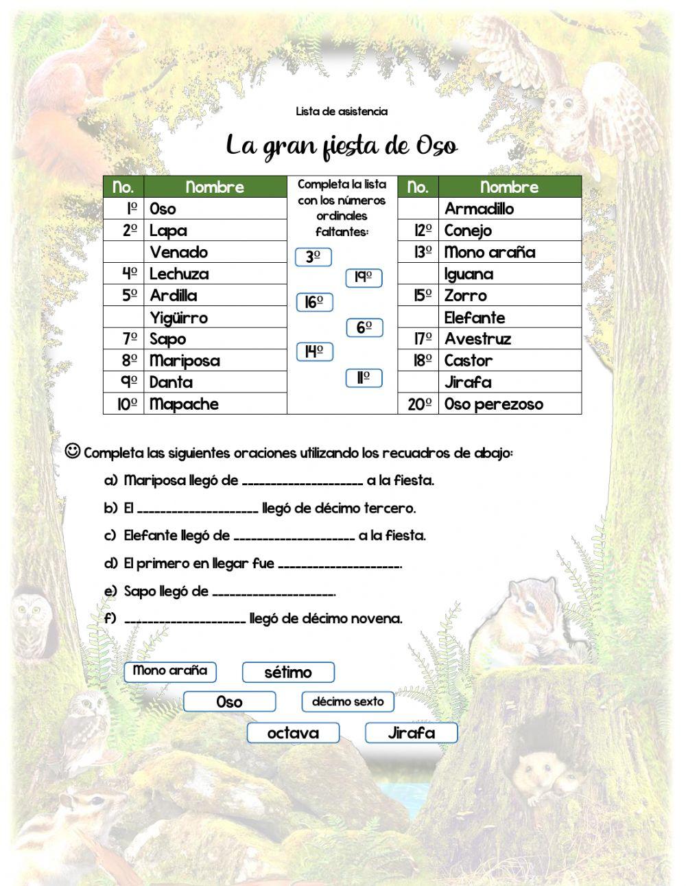 Números ordinales del 1º al 20º