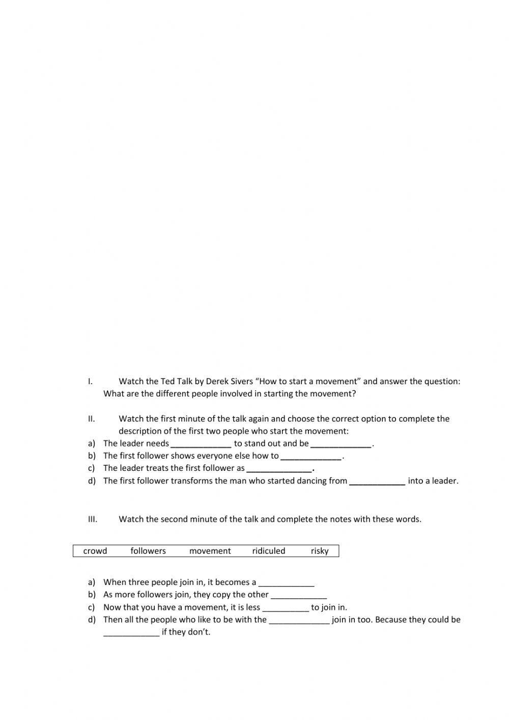 Derek sivers how to start a movement online exercise for live worksheets