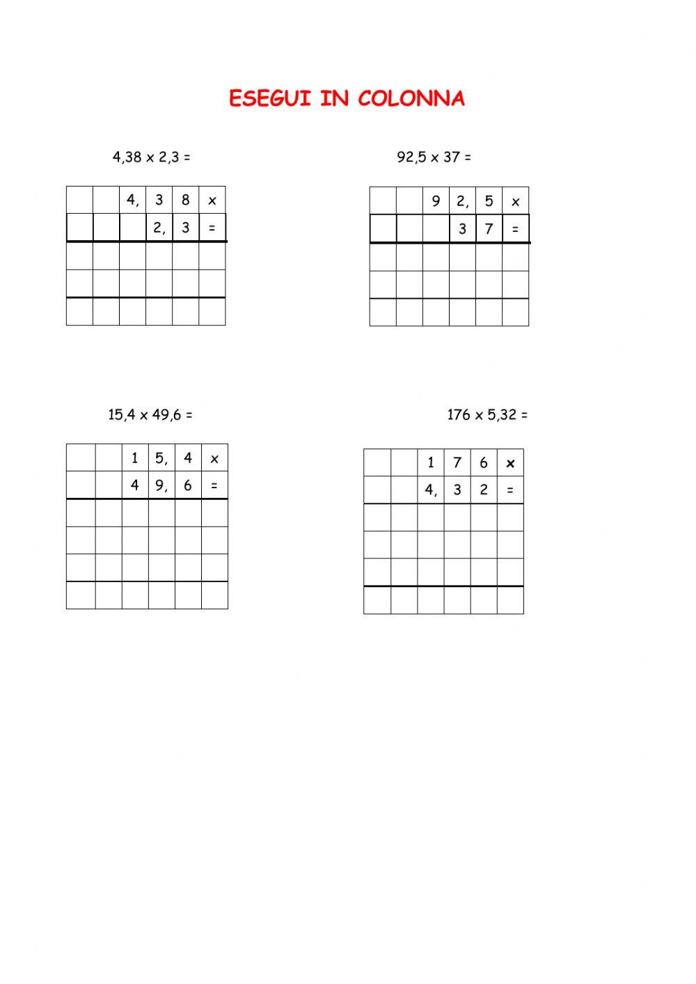 Moltiplicazioni in colonna con i decimali