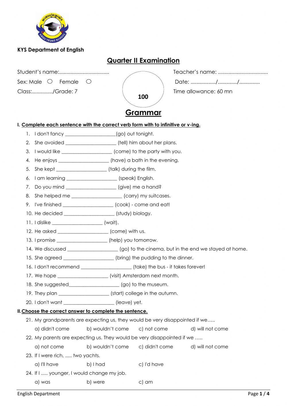 197854 Grade7 Grammar Test Ngetrady LiveWorksheets