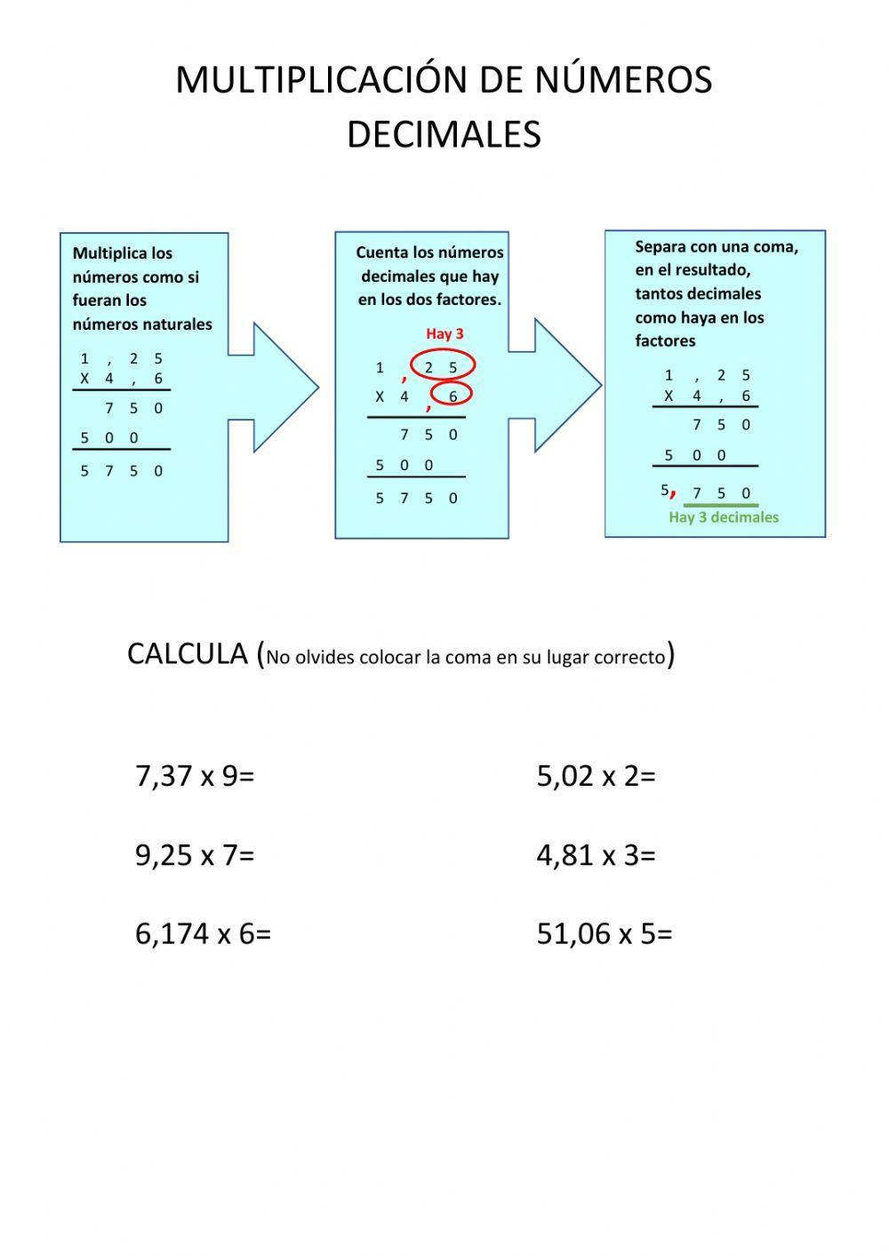 Multiplicación con decimales interactive worksheet | Live Worksheets