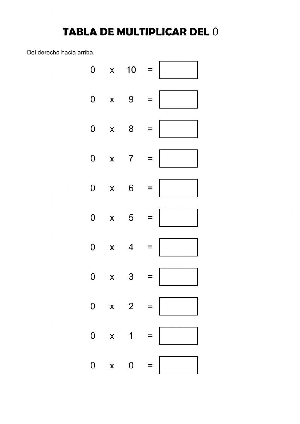Tabla del 0 del derecho hacia arriba