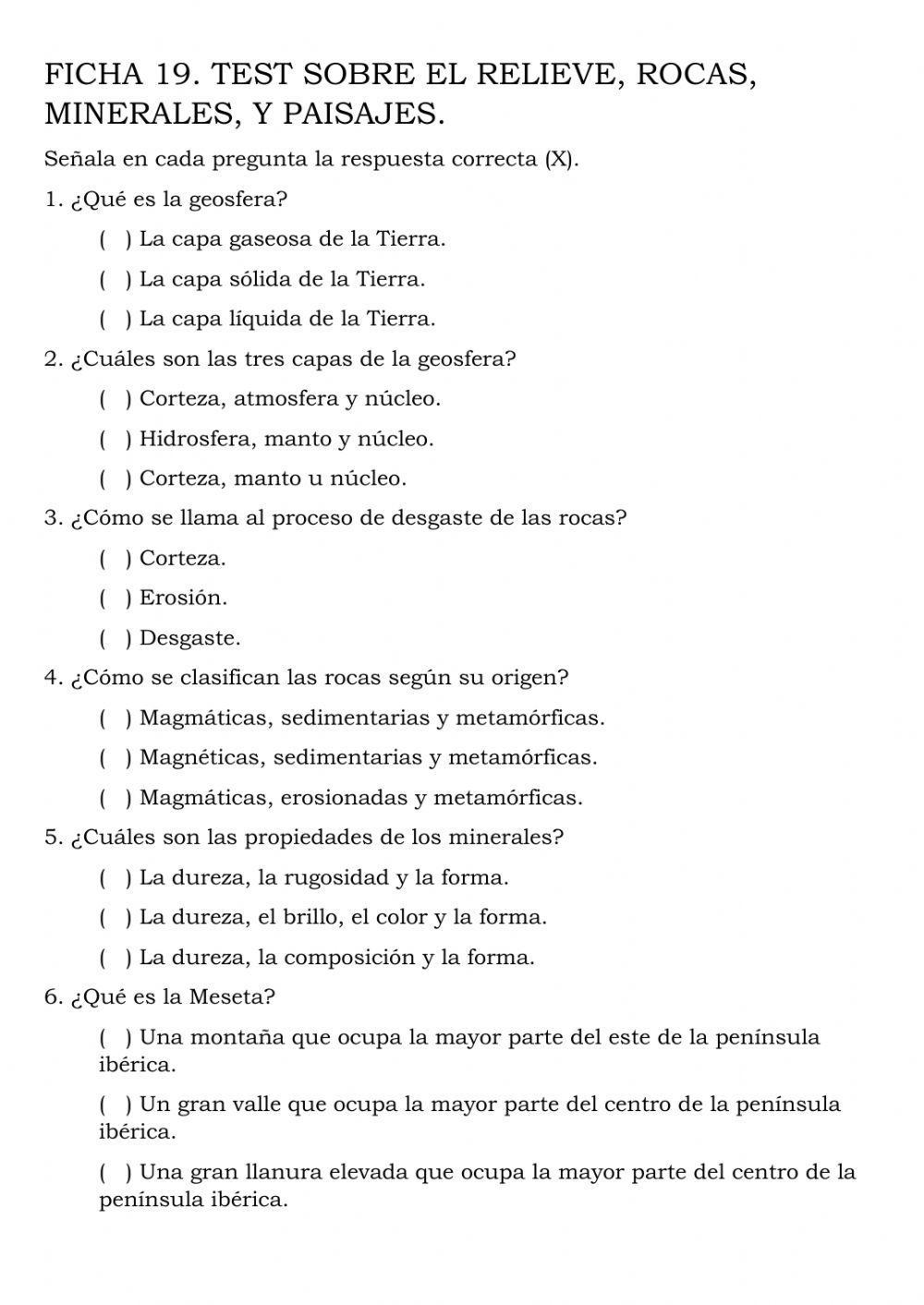 TEST. rELIEVE, PAISAJES, MINERALES Y ROCAS