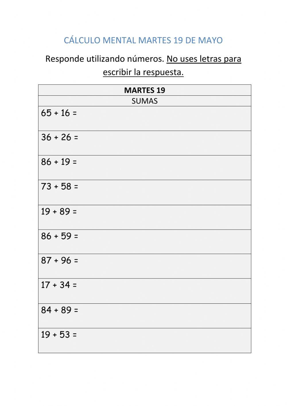Cálculo mental 19 de mayo