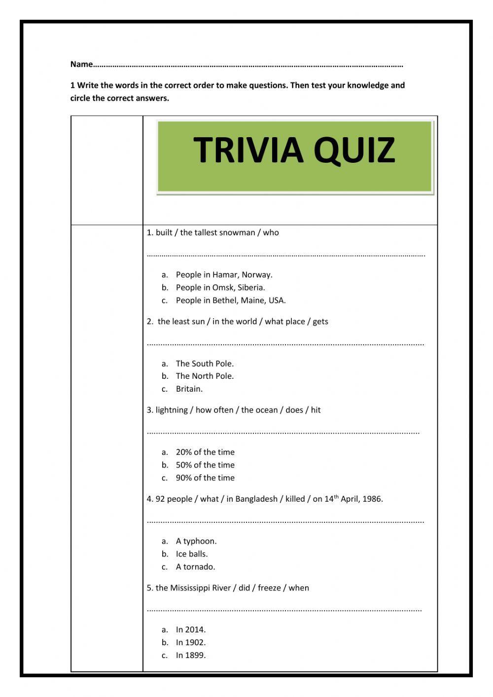 Subject- Object questions trivia