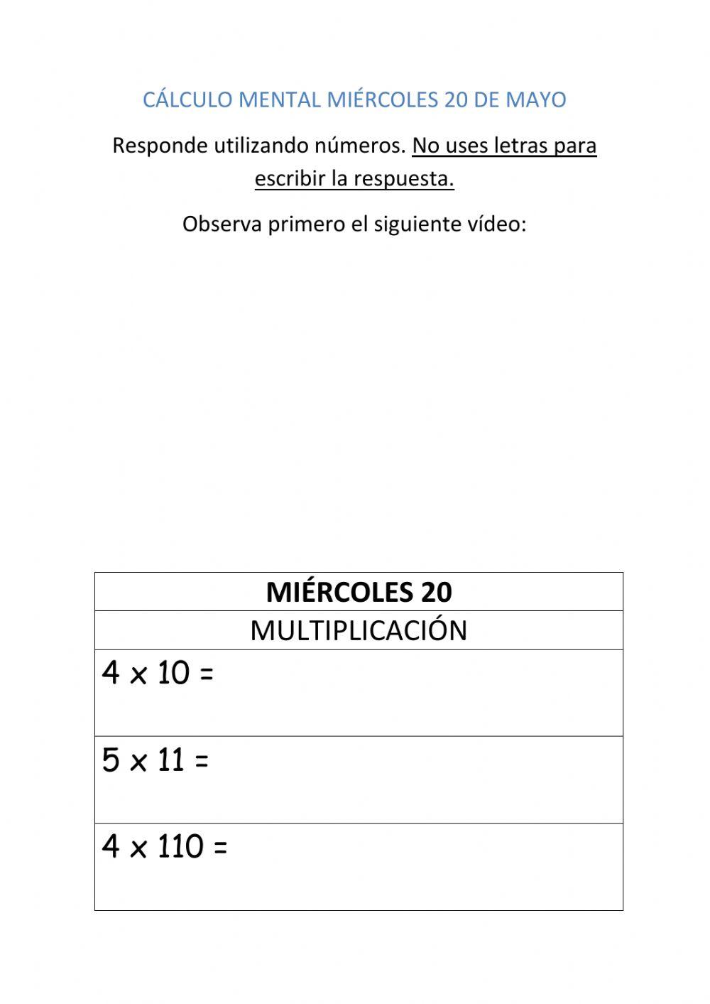 Cálculo mental 20 de mayo
