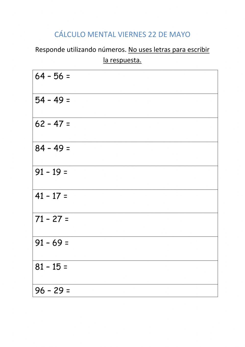 Cálculo mental 22 de mayo