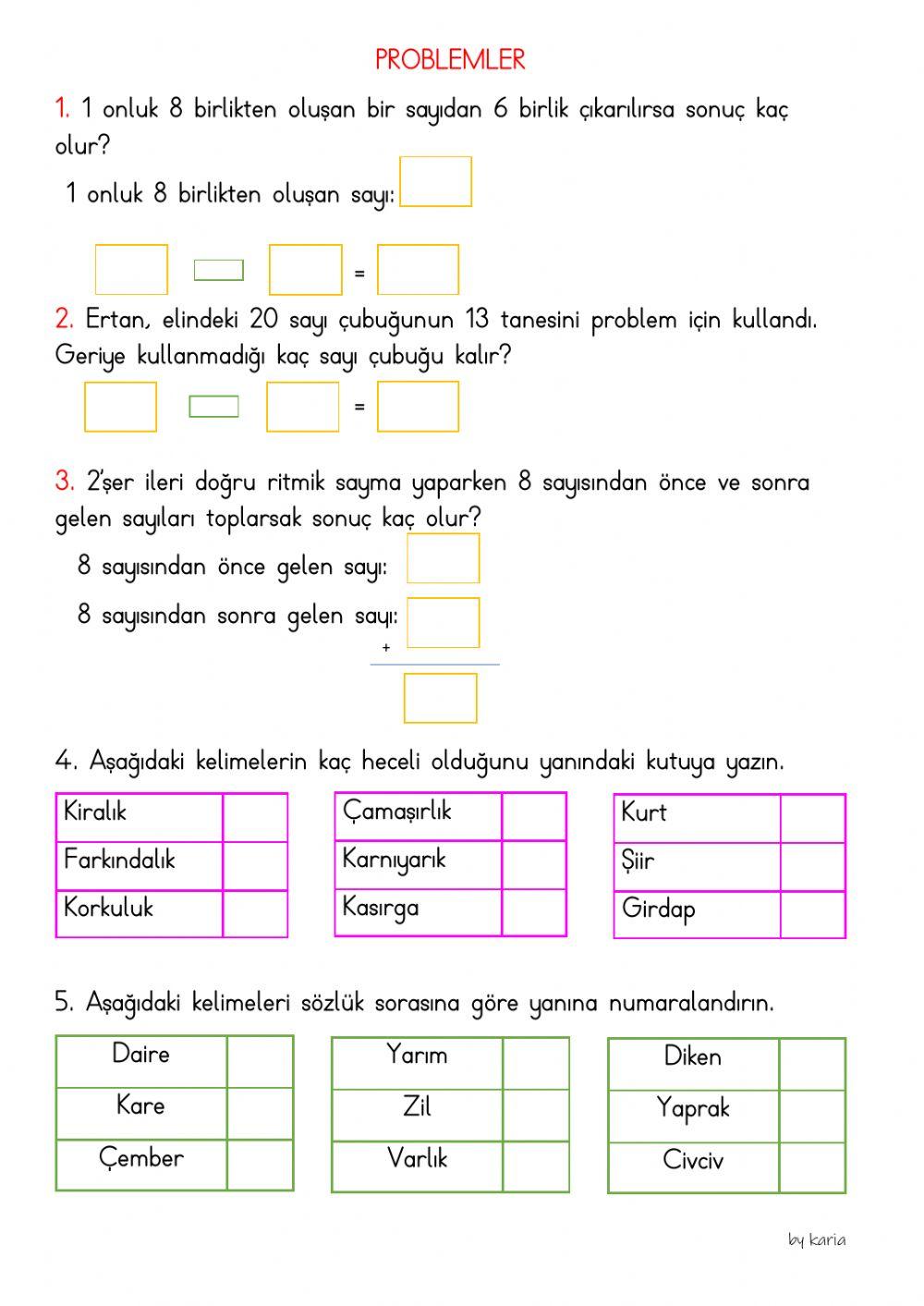 Matematik, Türkçe etkinlik