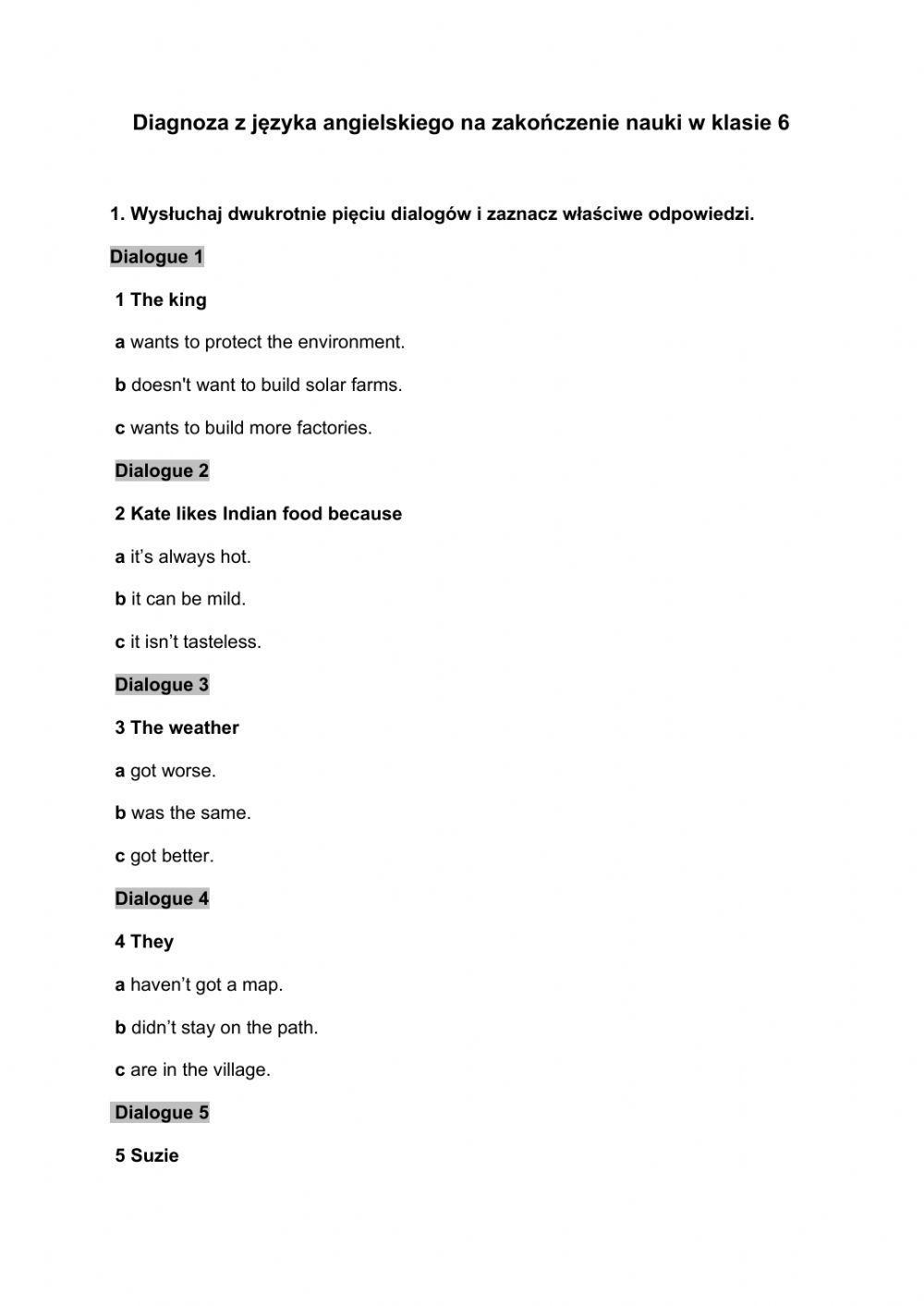 Diagnoza z języka angielskiego na zakończenie  nauki w klasie 6