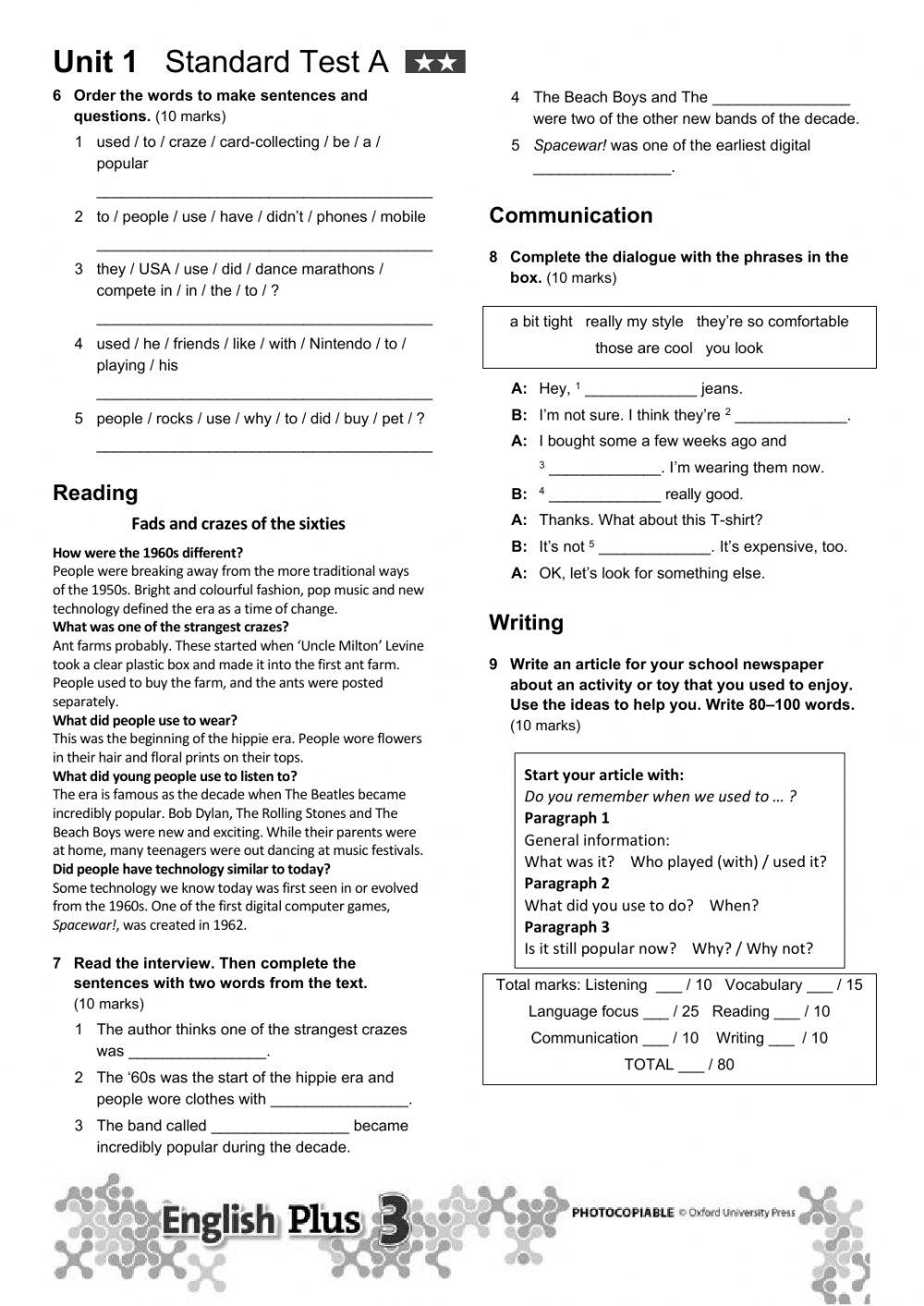 Unit 3 Test Angielski Klasa 7 5680630 | english plus 3 Unit 1 test | Alicia OFlaherty