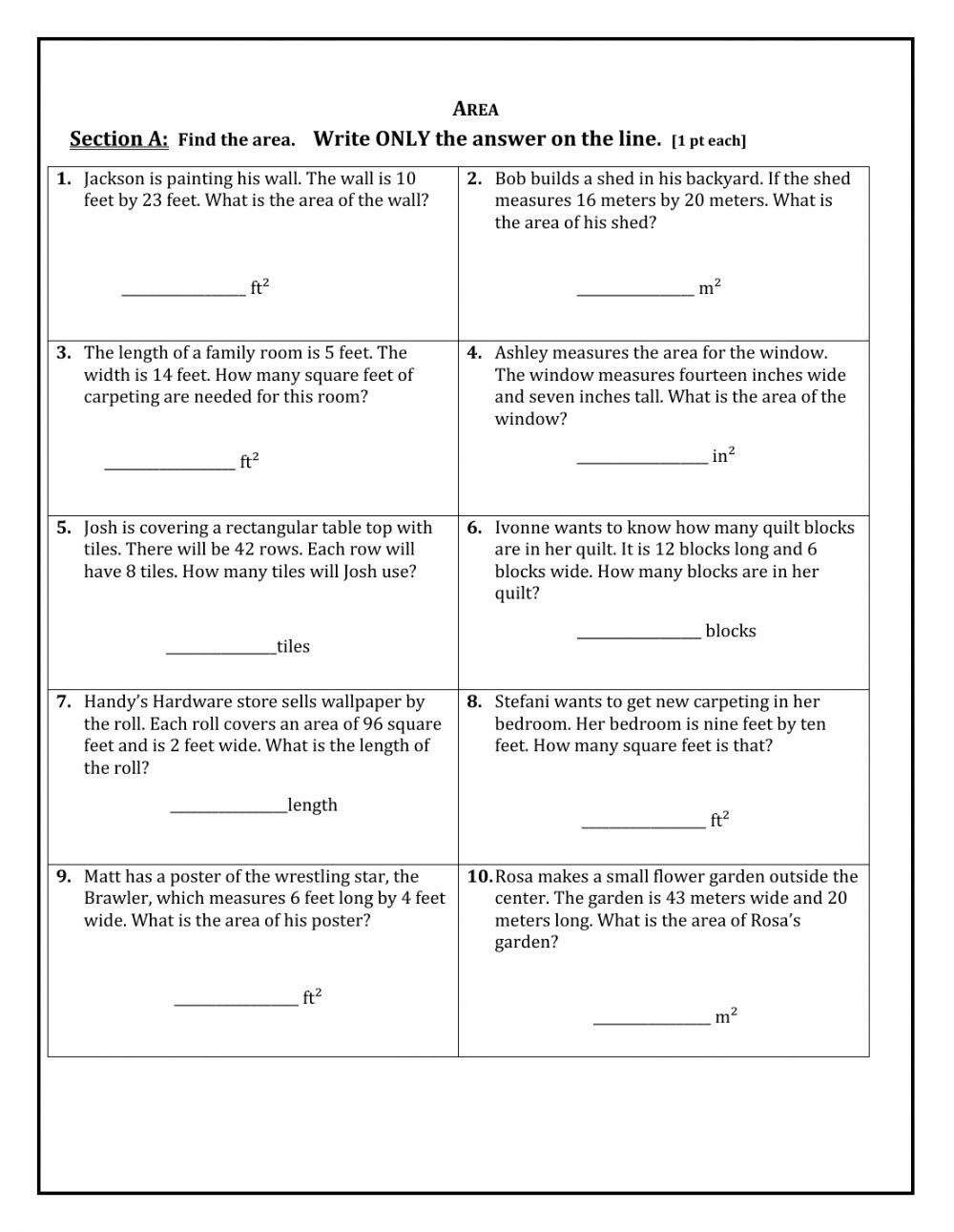 Area Word Problem Worksheet GC online exercise for | Live Worksheets