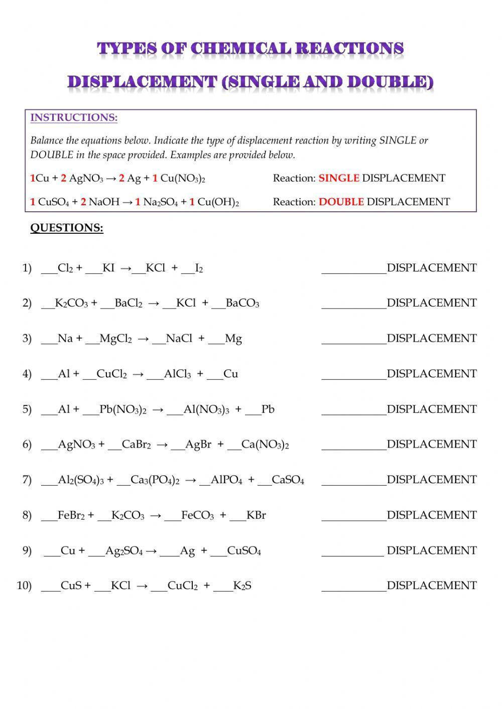 Types of reactions - double and single displacement worksheet | Live Worksheets types-of-reactions-double-and-single-displacement-worksheet-live-worksheets