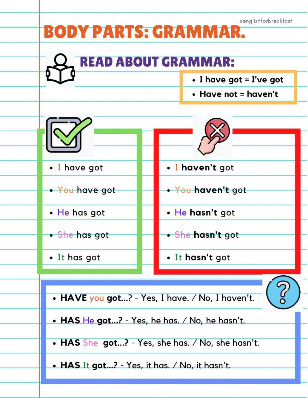 Grammar: Have has got, haven't  hasn't got. Body parts. Monsters.