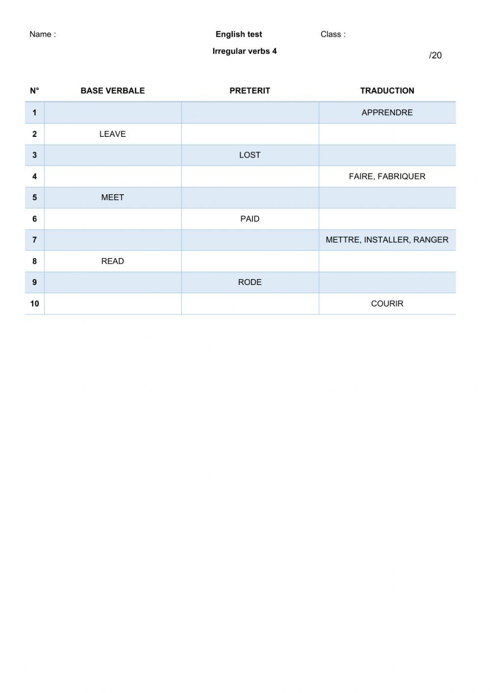 Irregular verbs test 5e 4 worksheet | Live Worksheets