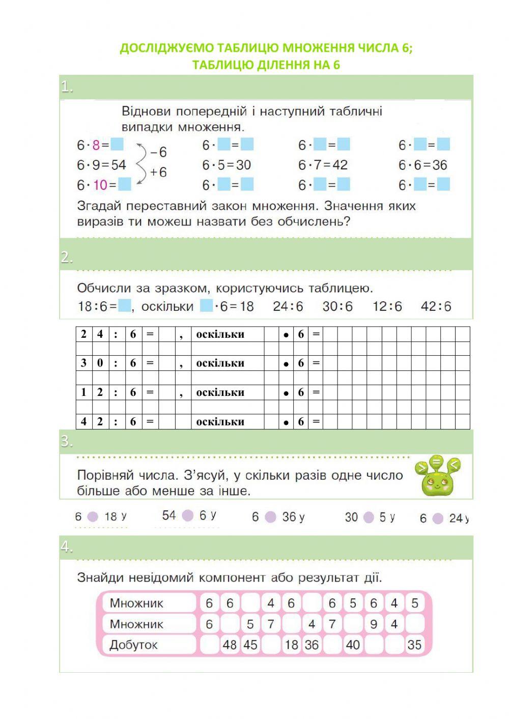 Досліджуємо таблицю множення числа 6- таблицю ділення на 6 worksheet ...