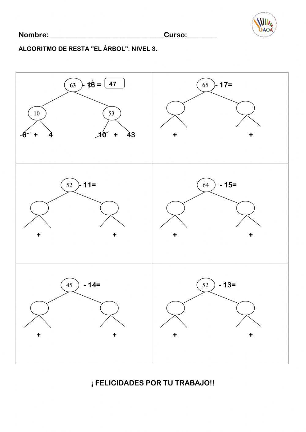ALGORITMO DE RESTA. EL ÁRBOL. NIVEL 3. SIN AYUDA. OAOA