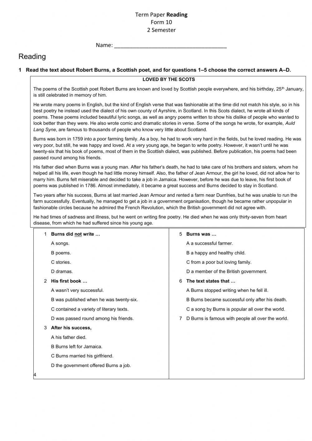 Reading Comprehension 10 Form