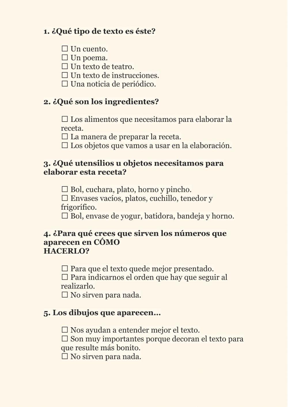 Comprensión lectora: La receta