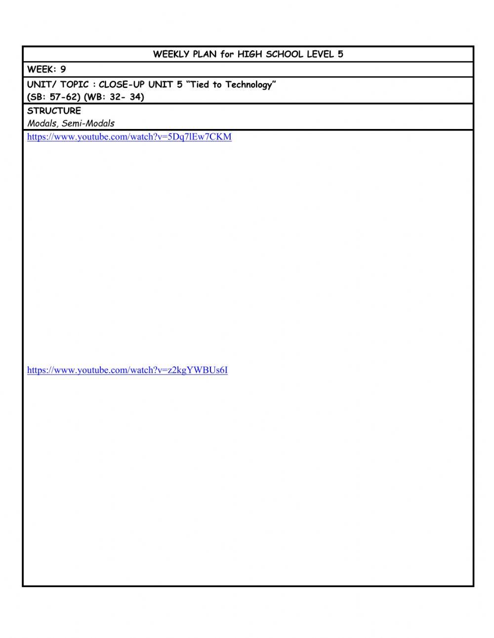 HS L5 WEEKLY PLAN week 9