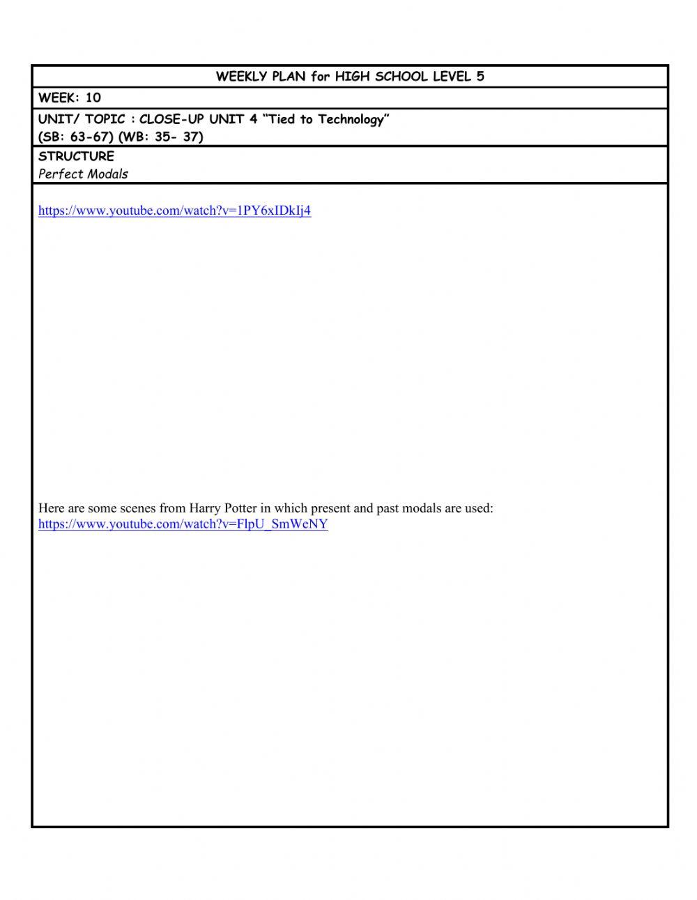 HS L5 WEEKLY PLAN week 10