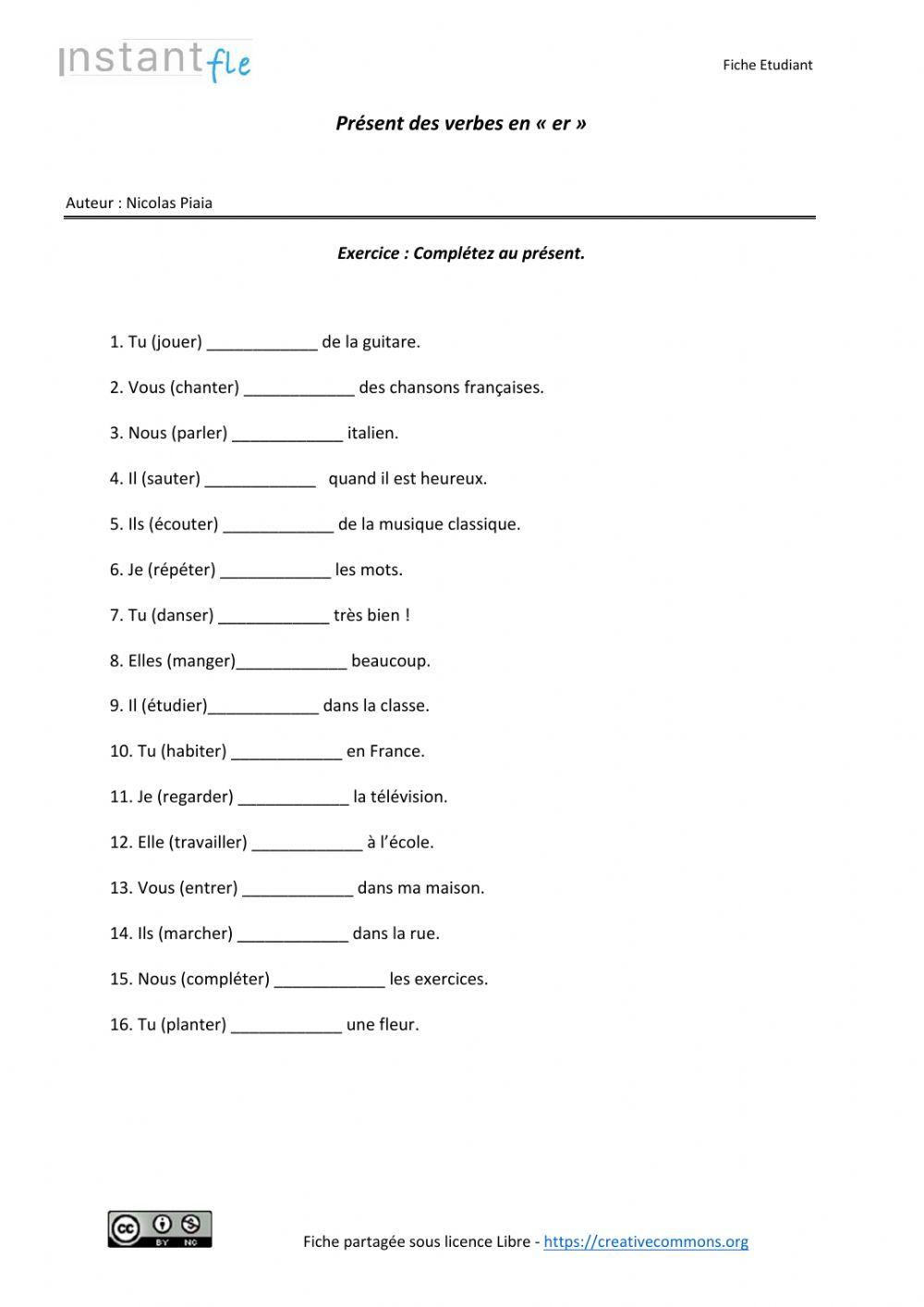 Le présent verbes en -ER