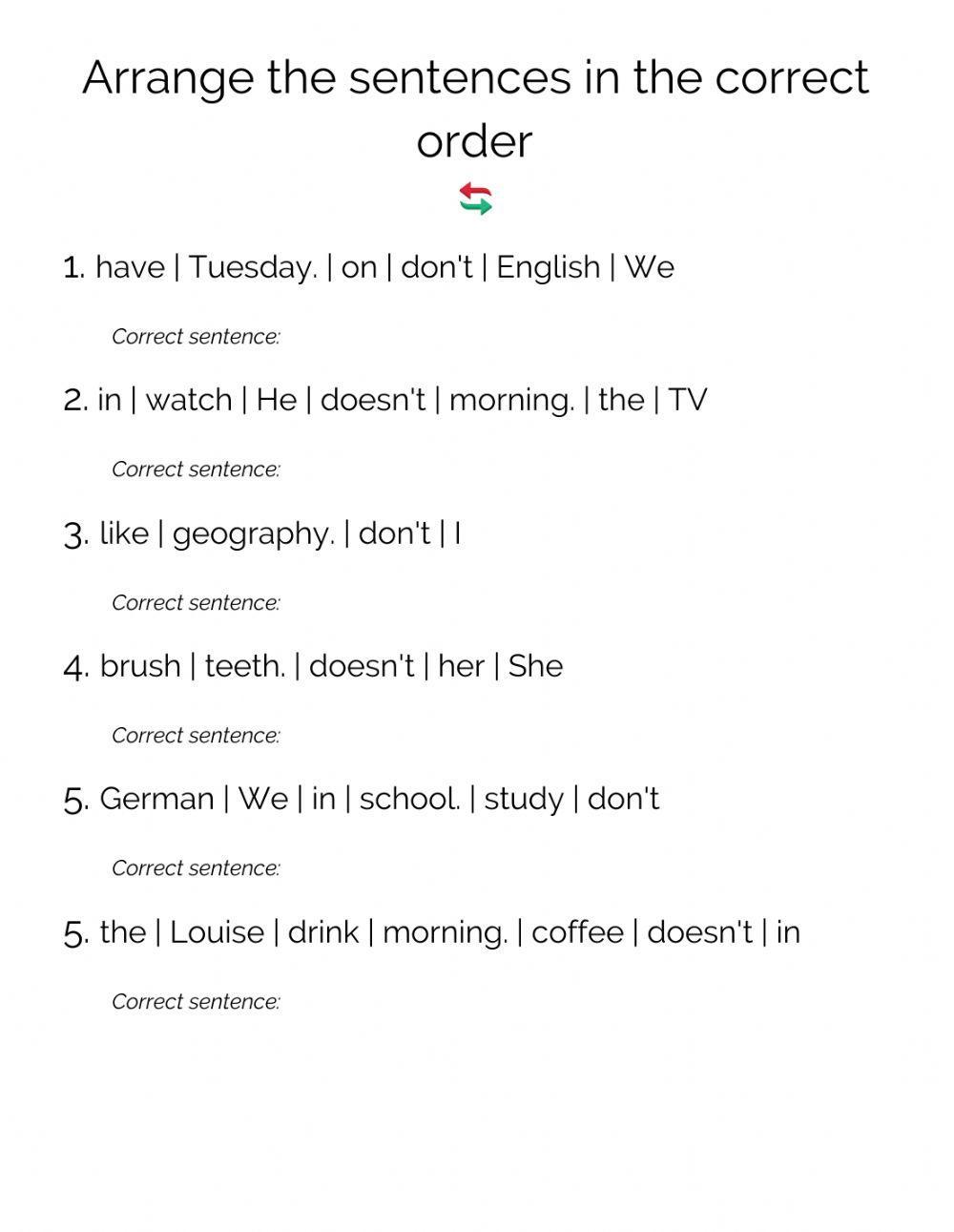 Present Simple - negative sentence scramble