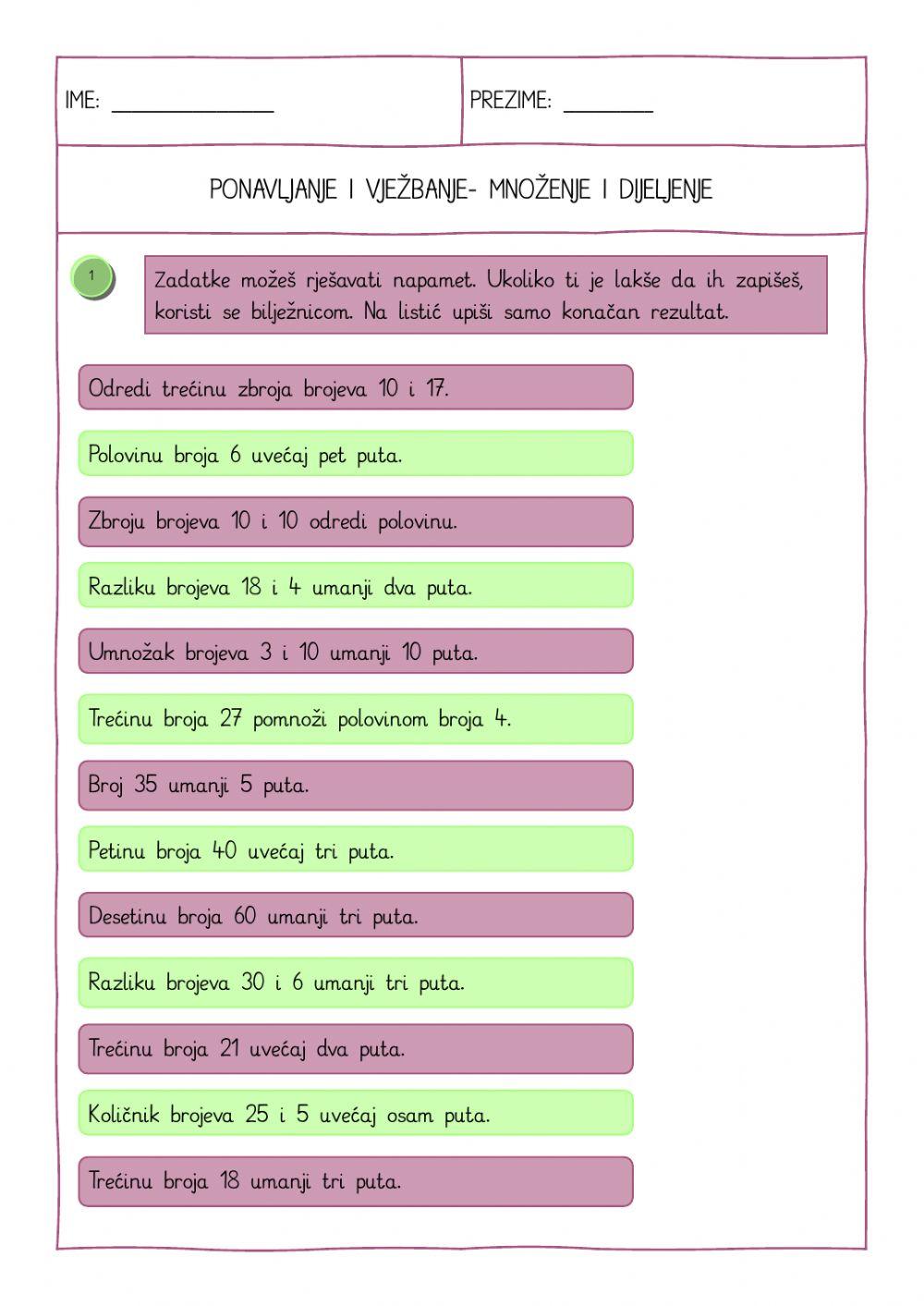 Množenje i dijeljenje- zadaci riječima