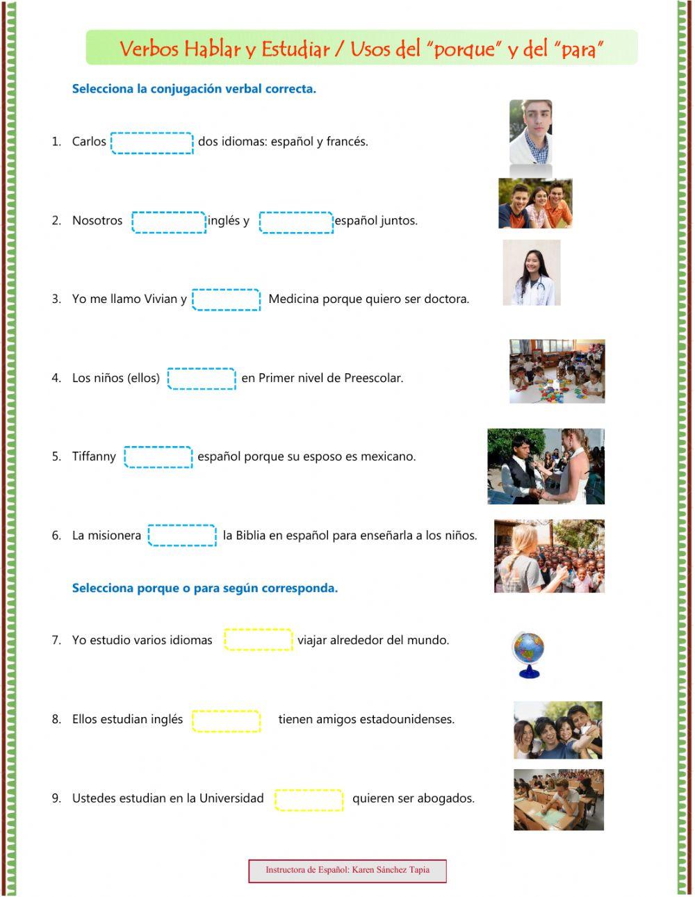 Verbos estudiar y hablar, uso del porque y del para