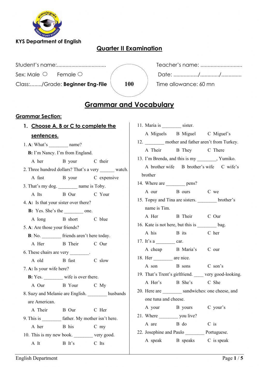 Grade3 English File Grammar Test