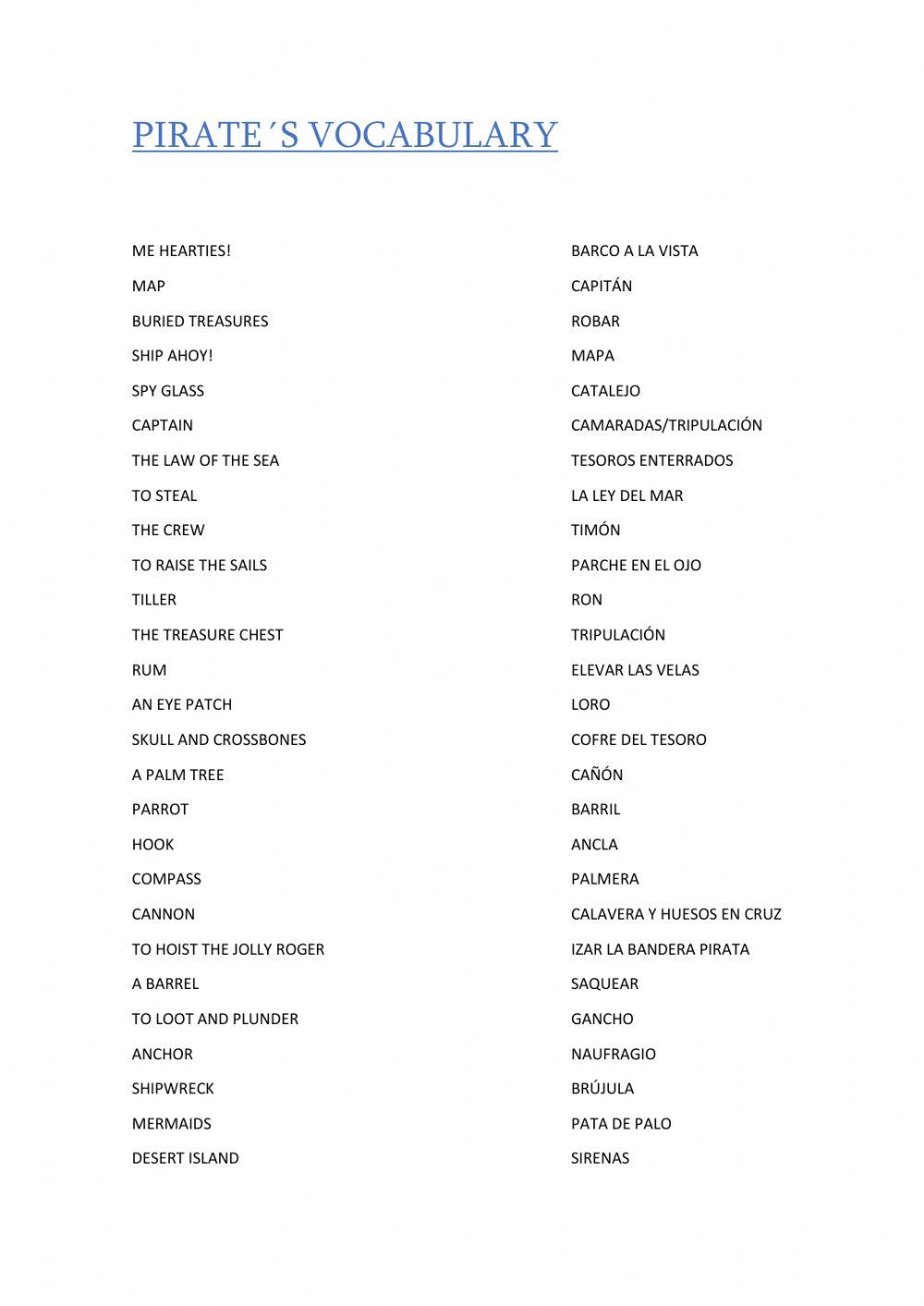 Pirate-s vocabulary worksheet | Live Worksheets