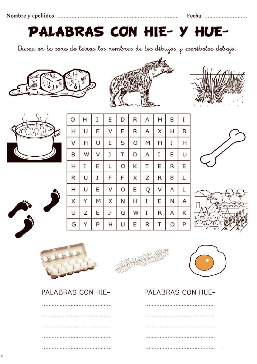 SOPA DE LETRAS CON HIE-, HUE- SOPA DE LETRAS CON HIE-, HUE-