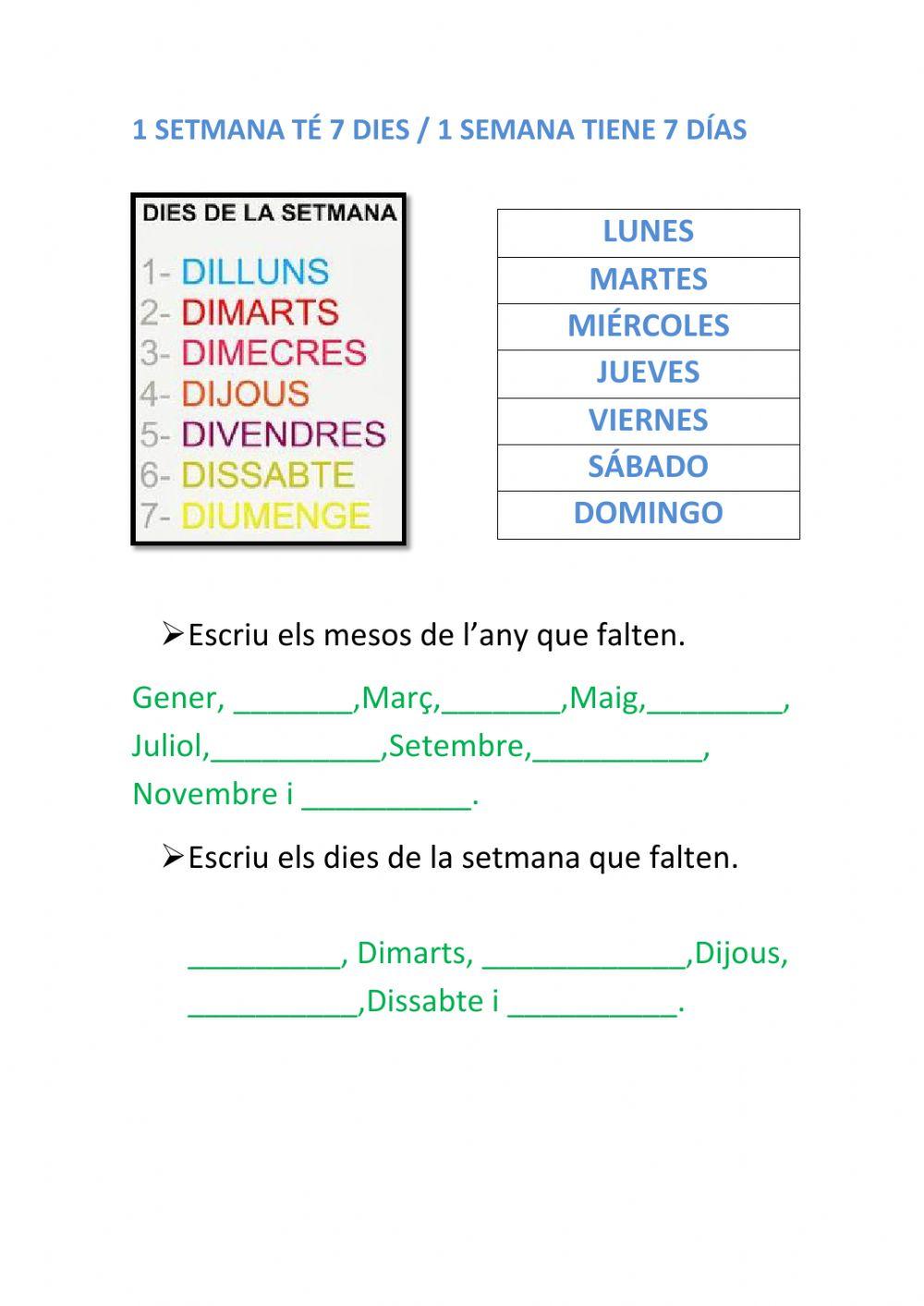 Els mesos de l'any i dies de la setmana