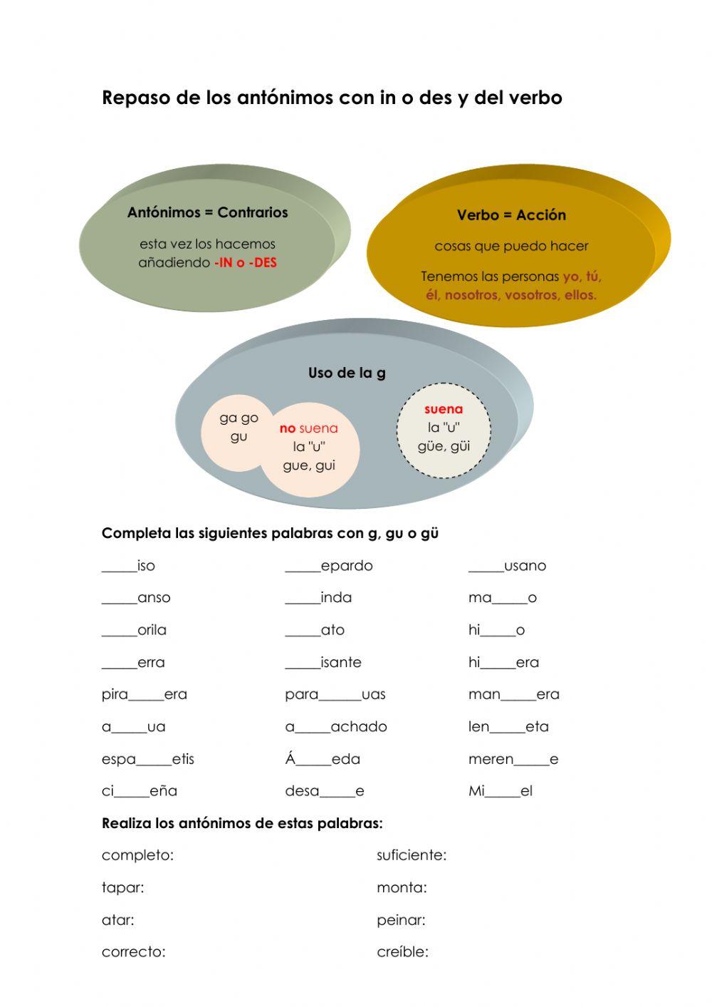 Uso g, gu gü, antónimos  y verbos