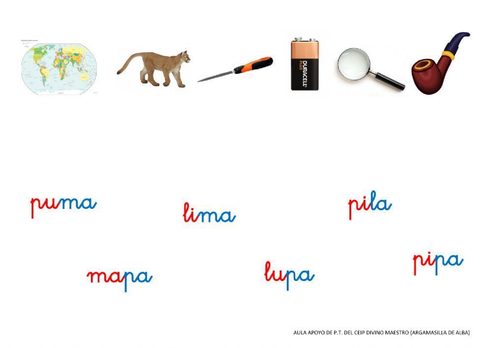 Fichas lectoescritura p, l, m y s.