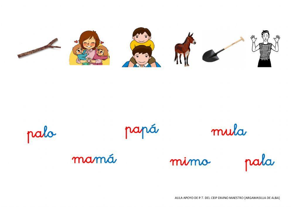 Fichas lectoescritura p, l, m y s.