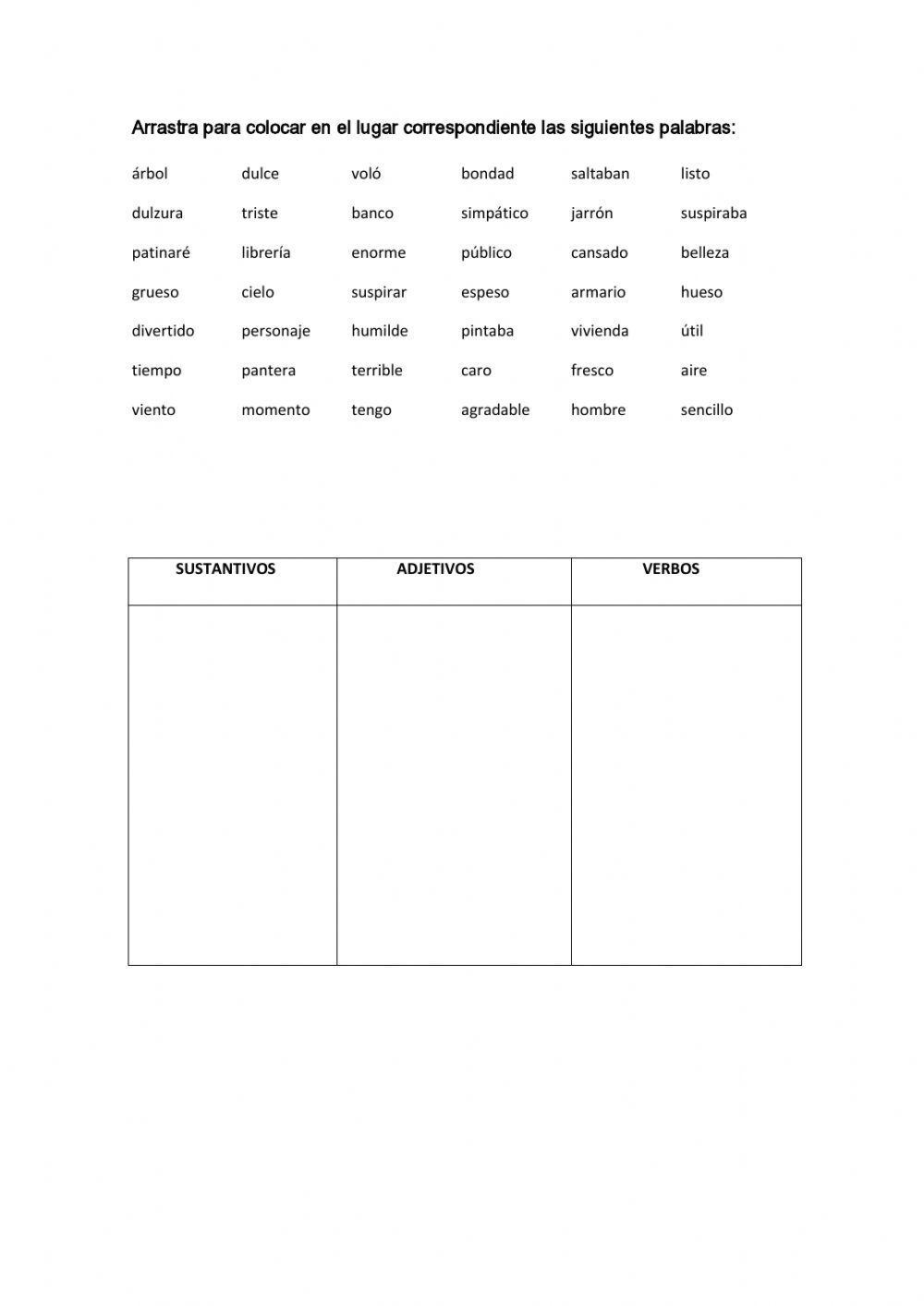 Sustantivos, adjetivos y verbos-clasificar