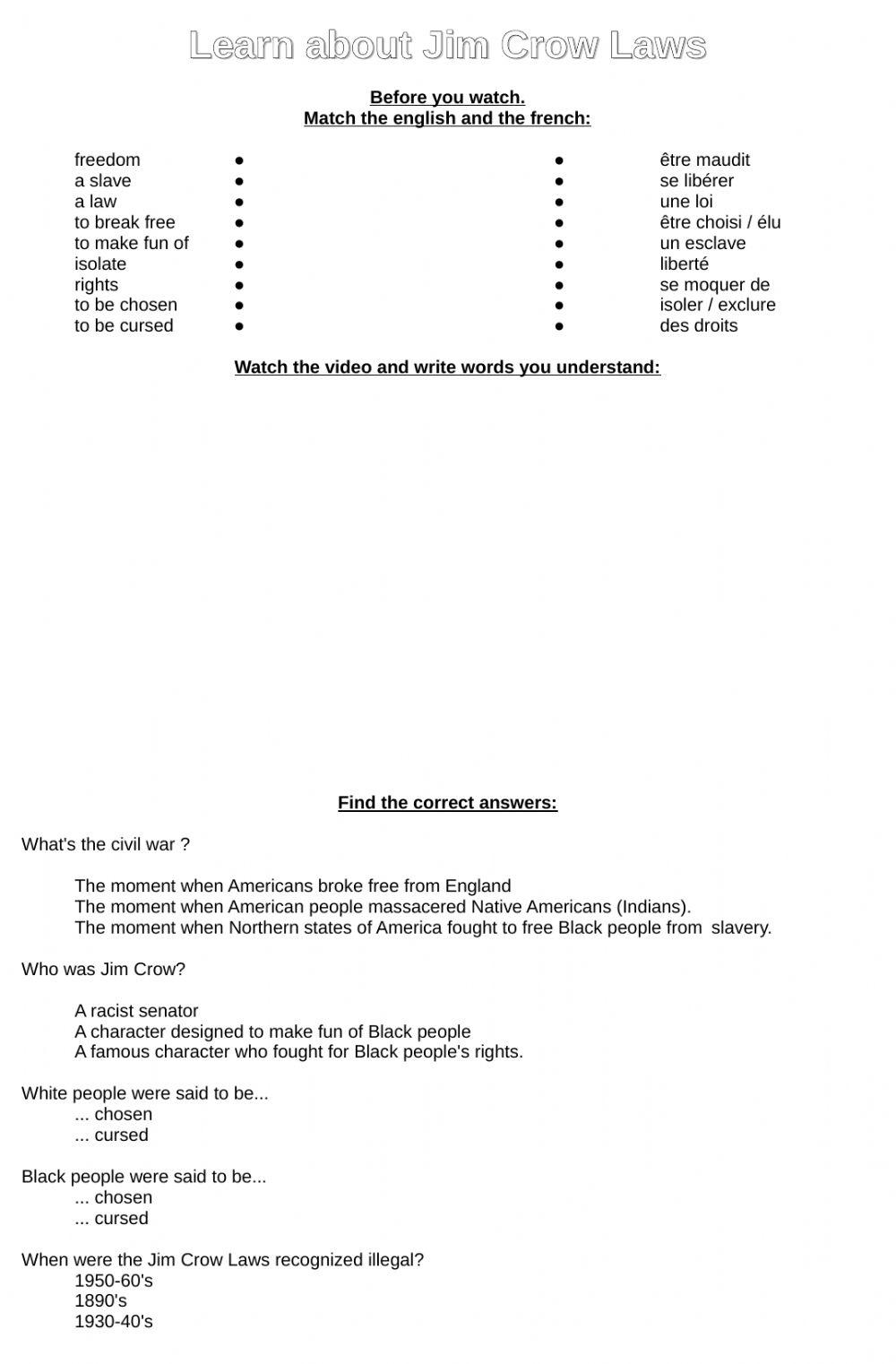 Jim Crow Laws Free Interactive Worksheets 194006