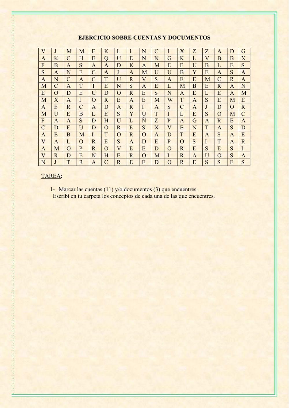 Sopa de letras cuentas contables y documentos
