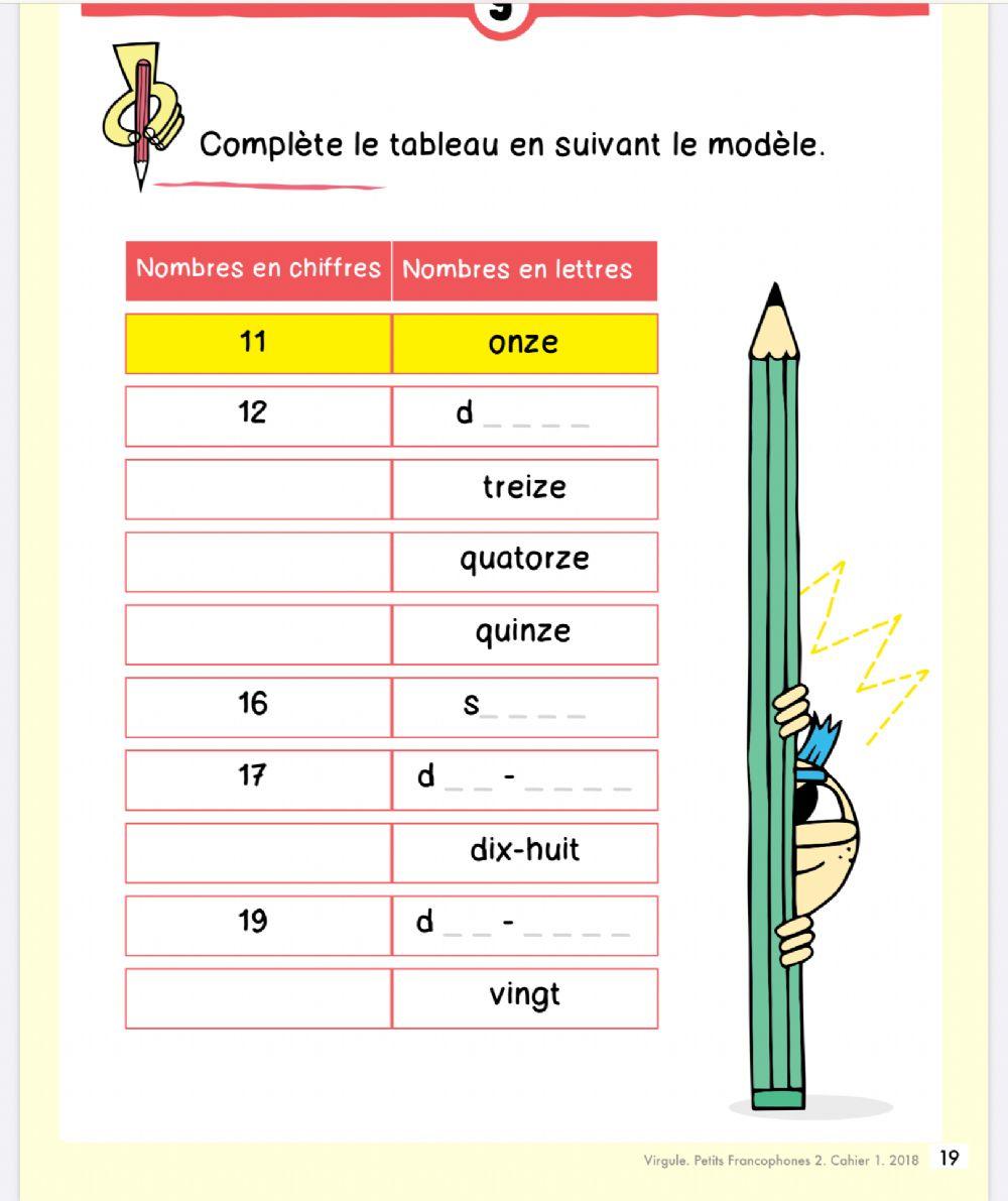 les nombres de 11 à 19