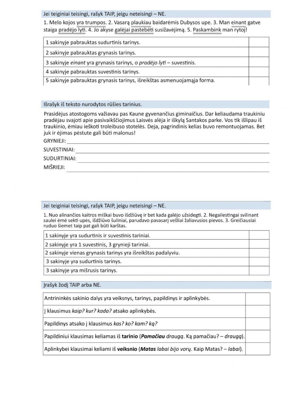 Kontrolinis darbas -Sintaksė- 7 klasei