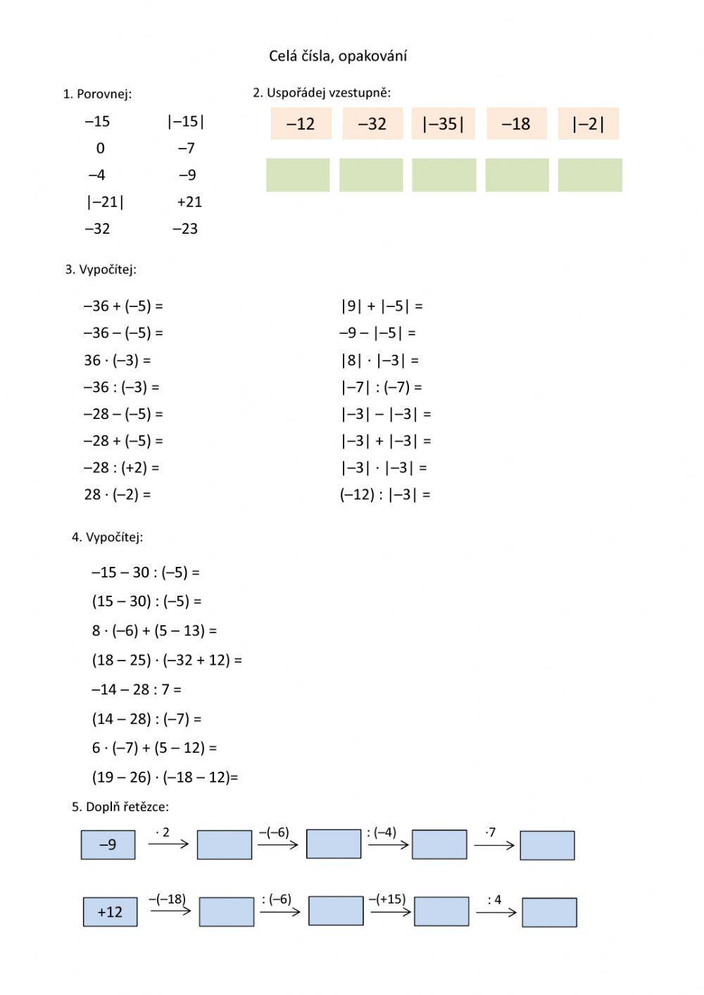 Celá čísla, opakování