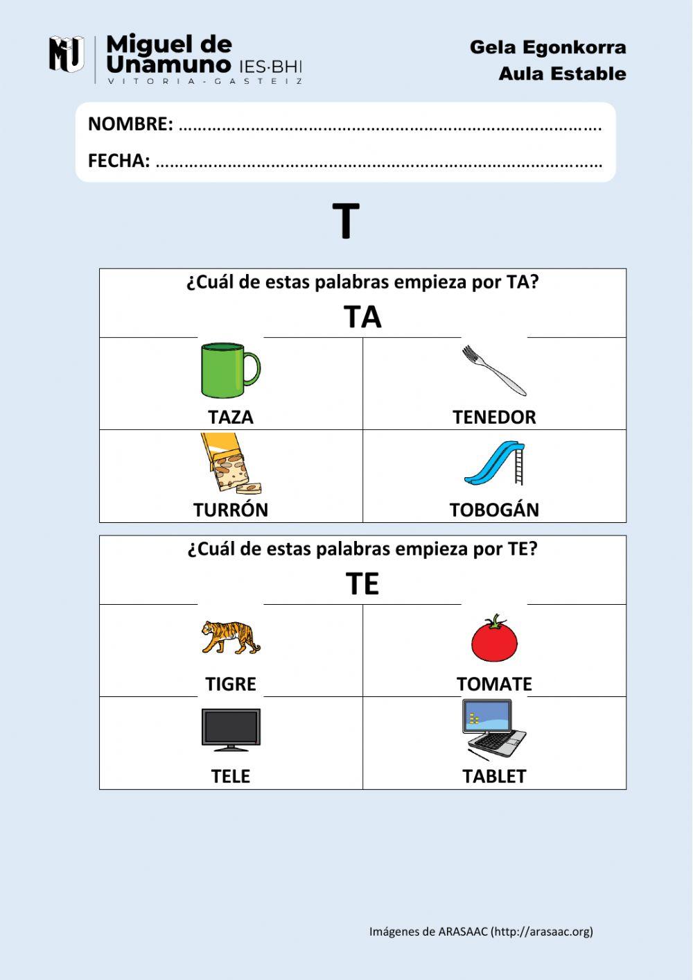 La T 2: Elige la que empieza por la sílaba…