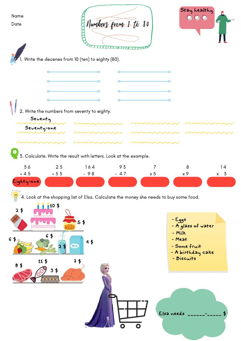 Numbers from 1 to 80
