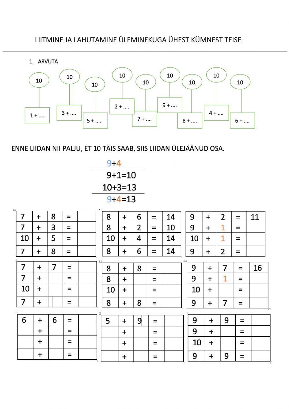 Liitmine ja lahutamine üleminekuga ühest kümnest teise