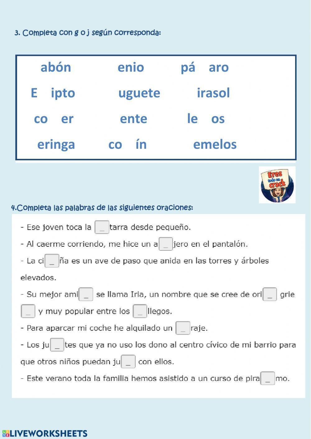 Uso de la g y j worksheet | Live Worksheets