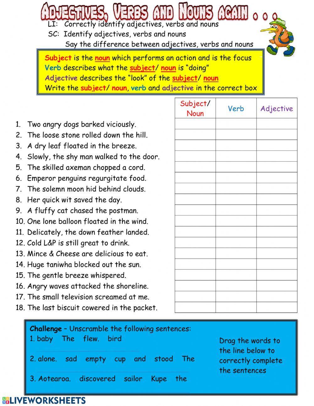 Adjectives Verbs and Nouns Again worksheet | Live Worksheets Adjectives Verbs and Nouns Again worksheet | Live Worksheets