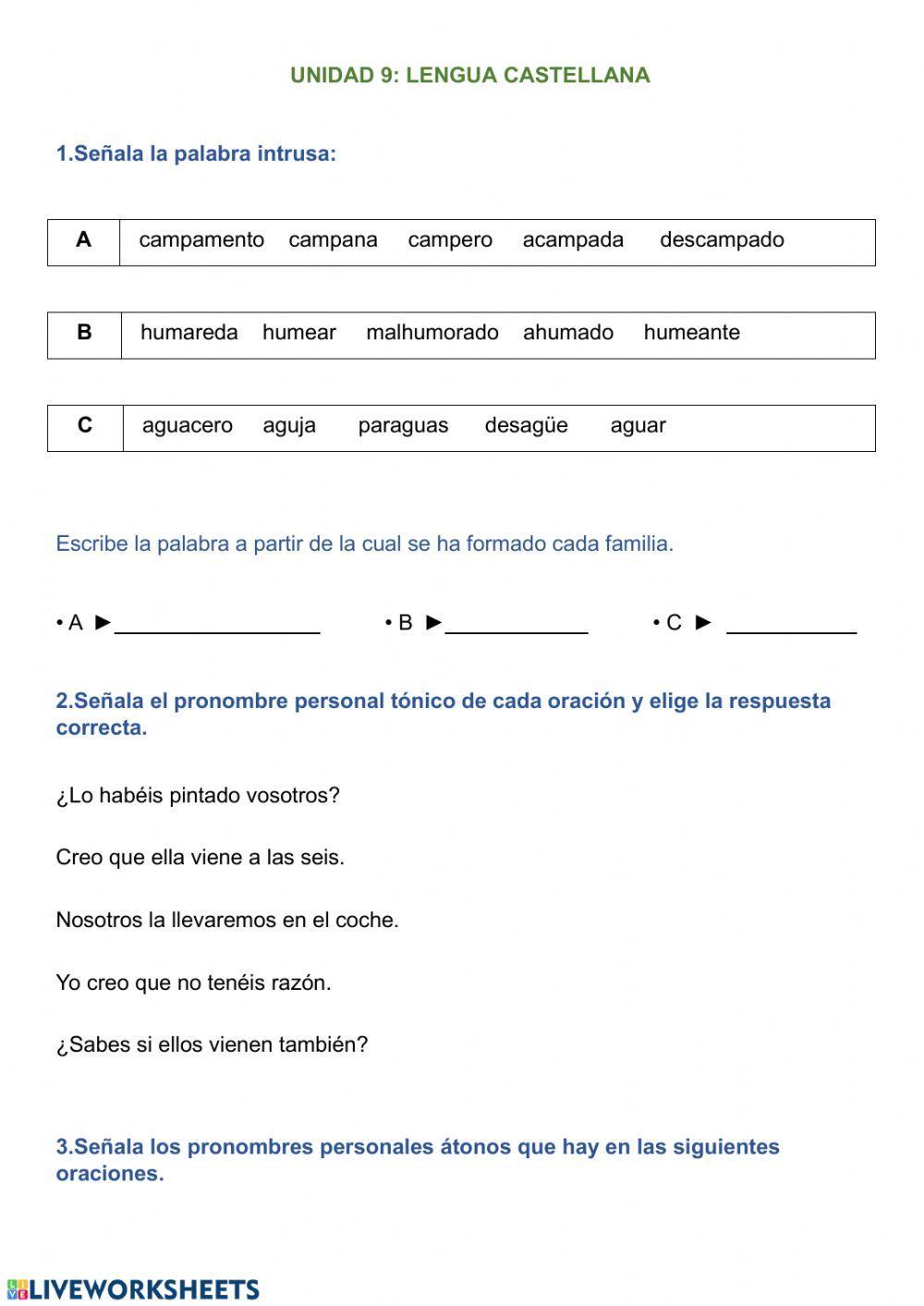 Pronombres personales, familia de palabras y palabras con cc