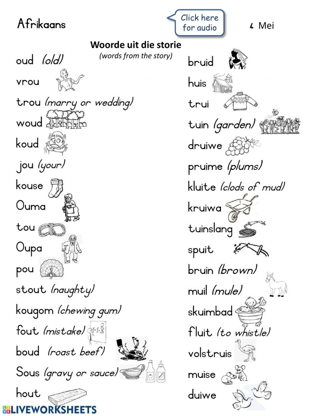 Woorde uit die storie: Ons kuier by Oupa en Ouma