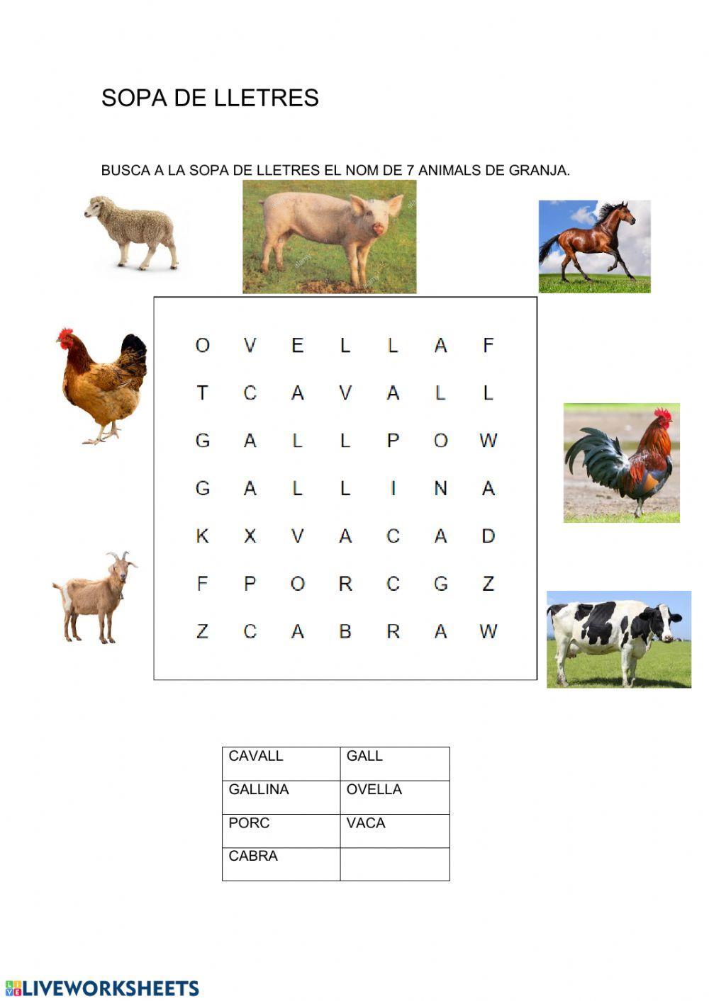 Sopa de lletres animals de granja