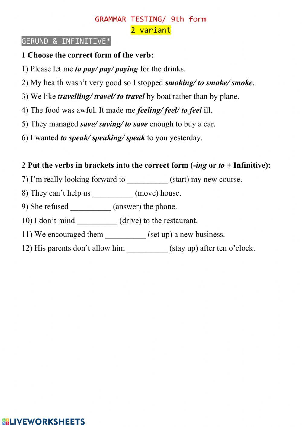 Gerund vs Infinitive Test (2)